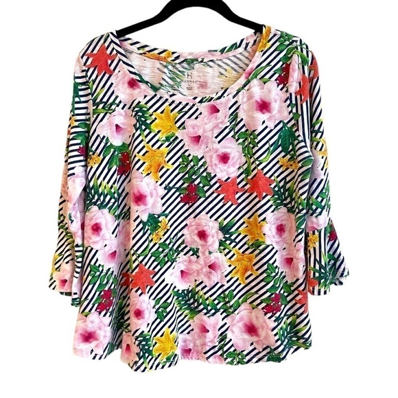 HANNAH, BRIGHT & COLORFUL TOP WITH 3/4 BELL SLEEVE, SIZE L - Picture 1 of 5